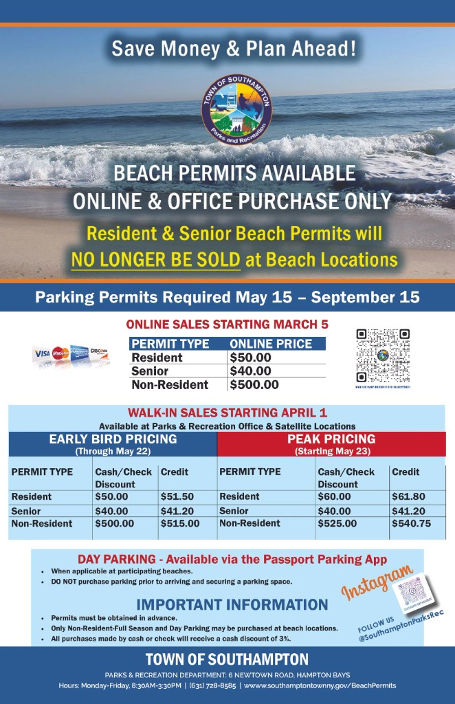 2026 Beach Parking Permits sales flyer from Southampton Town Parks and Recreation