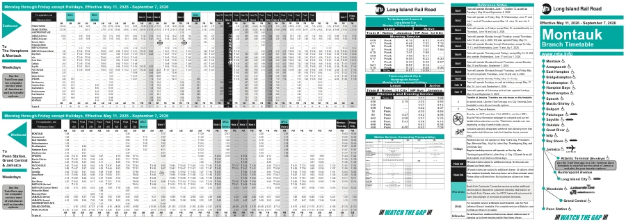 Long Island Rail Road Montauk Branch timetable with eastbound and westbound train schedules